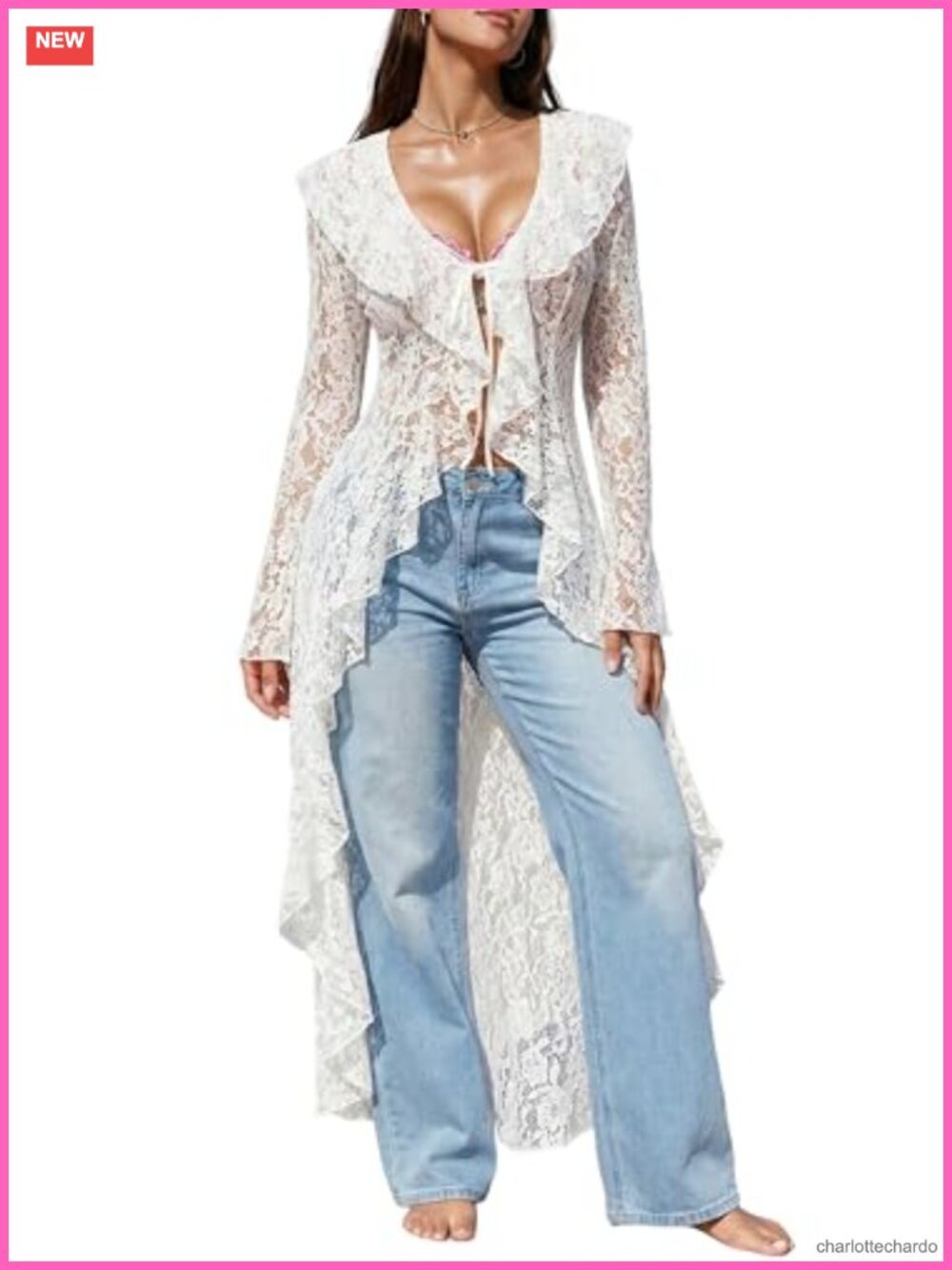 Lace Cardigan Women Sheer Bell Sleeve Ruffled Maxi Duster Tie Front